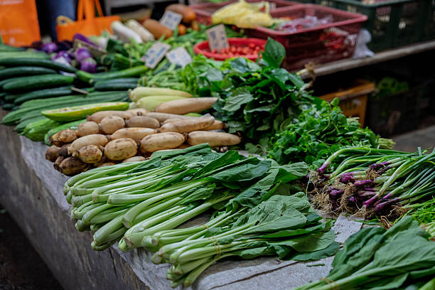Assorted Fresh Vegetables Displayed at Market Stall