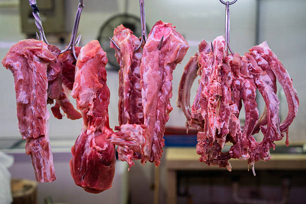 Raw Meat Hanging at Butcher Stall