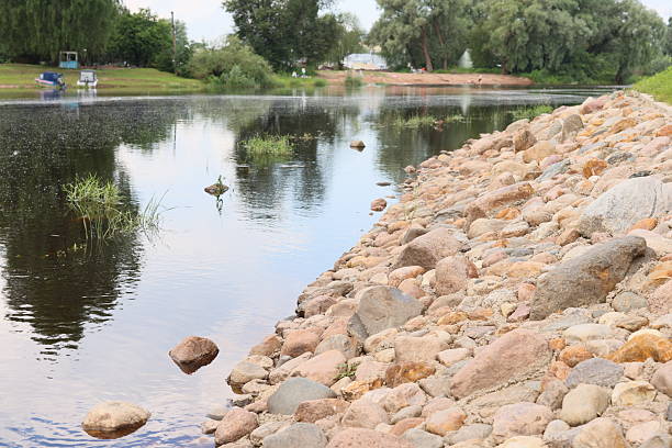 A serene riverside scene unfolds, showcasing smooth pebbles and waters that beautifully reflect the lush greenery