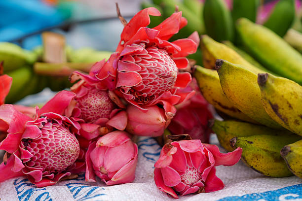 Close-up of vibrant pink torch ginger buds and ripe bananas displayed on a market cloth.