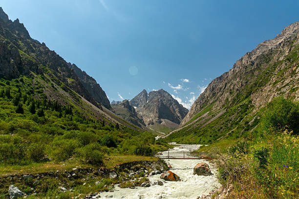 istock Rushing river flows through lush green valley between steep rocky mountains, snow capped summits in distance, clear sky above, mountain bridge over fast flowing river, perfect for trekking adventure 2226254724