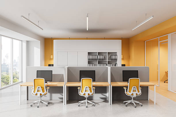 istock Modern open office interior with yellow chairs and dividers in minimalistic workspace design concept, bright and spacious with warm tones and natural light. 3D Rendering 2226255680