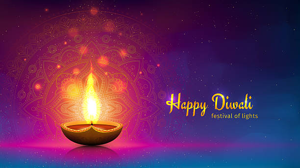 istock Happy diwali vector greeting card. Festive diwali card. Banner, poster design template with lamp, golden lights. Blue magenta colorful background, mandala. Vector holiday illustration 2226257580