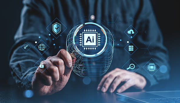 istock Man interacting with digital AI interface showing futuristic icons, technology concept on dark background with glowing blue elements. 2226258186