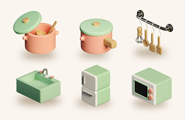 A minimalistic 3D illustration showcasing essential kitchen tools and appliances like pots, microwaves, and sinks in a soft color palette.