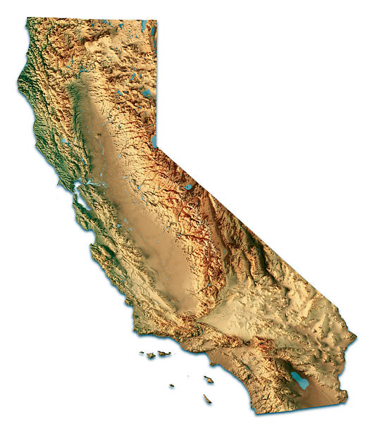 3D Render of a Topographic Map of California, United States. Isolated on white.\nAll source data is in the public domain.\nColor texture: Made with Natural Earth.\nhttp://www.naturalearthdata.com/downloads/10m-raster-data/10m-cross-blend-hypso/\nRelief texture: SRTM data courtesy of NASA JPL (2020). URL of source image:\nhttps://lpdaac.usgs.gov/products/srtmgl1v003/\nWater texture: SRTM Water Body SWDB: https://dds.cr.usgs.gov/srtm/version2_1/SWBD/