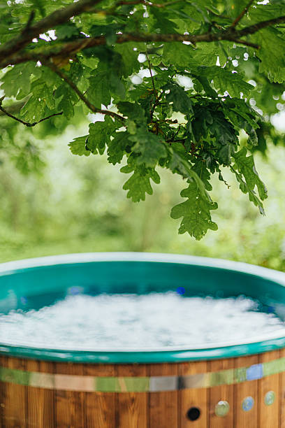 istock Wooden Hot Tub Under Tree in Bubbling Spa Garden 2226272397