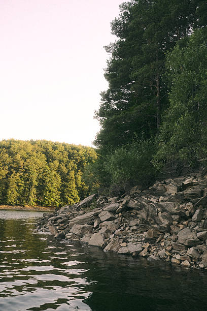 istock A picturesque lake featuring rocks and tall trees lining the shore 2226274967