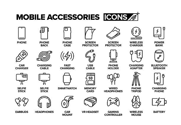 illustrations, cliparts, dessins animés et icônes de ensemble d’icônes de la ligne d’accessoires mobiles. groupe d’objets. - accessoire