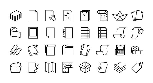 kumpulan ikon garis kertas. kelompok objek. - halaman kertas foto ilustrasi stok