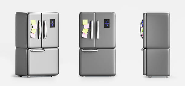 istock 3d kitchen fridge front, side and angle view. Silver french door refrigerator with freezer, display, handles, color paper stickers. Isolated household appliances, realistic render set 2226284752
