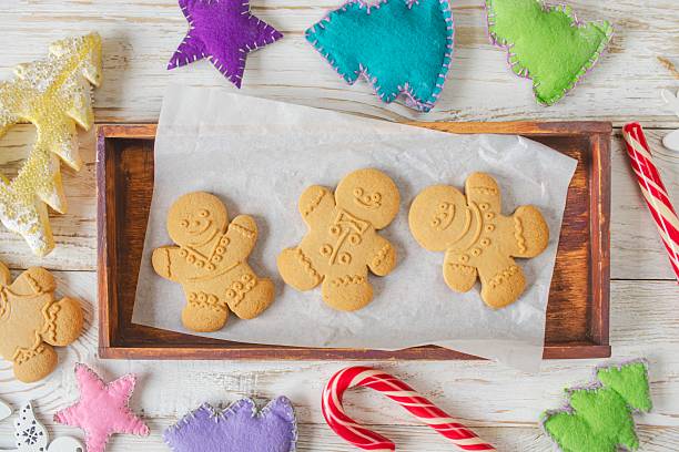 Christmas gingerbread cookies in the shape of a snowman on a white wooden background.