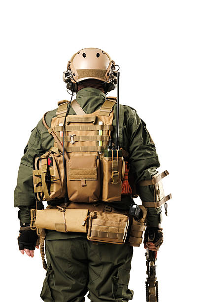istock Back view of a specialized tactical operator in full gear with equipment against a white background 2226286818