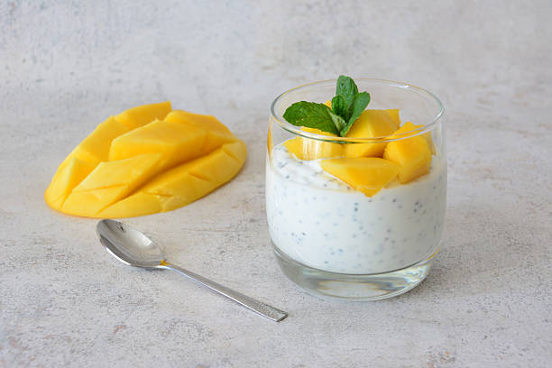 Mango Chia Seed Pudding with Fresh Mango slices and Mint leaves and teaspoon
