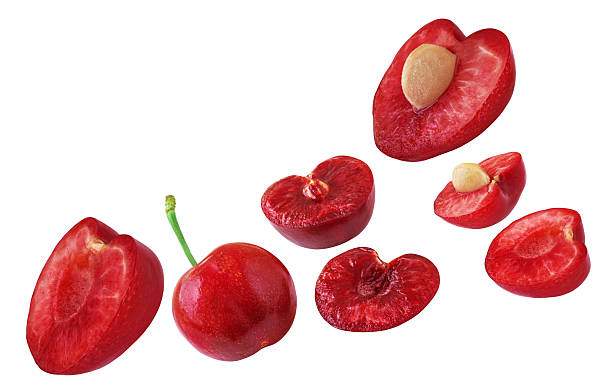 istock Red Cherries explosion isolated on white. Flying sweet cherry berries. Levitating. Top view. Flat lay. Pattern  2226297596