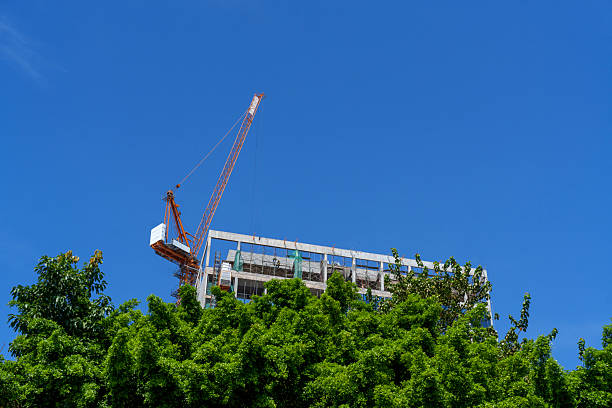 A tower crane operating at the top of a high-rise construction site, partially hidden behind lush green trees under a clear blue sky.