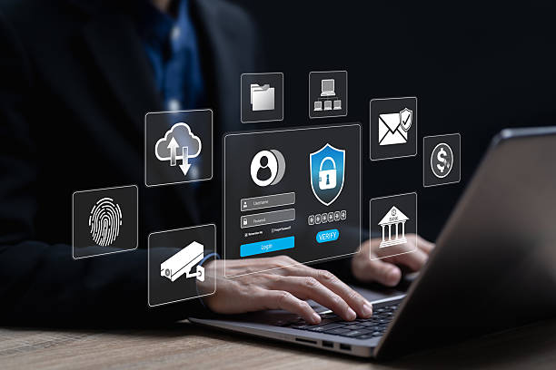 istock Cyber security, Personal data protection concept, Women login on laptop fingerprint Security password login, login online, Banking account, Document data, Smart home security, Theft Protection 2226300651