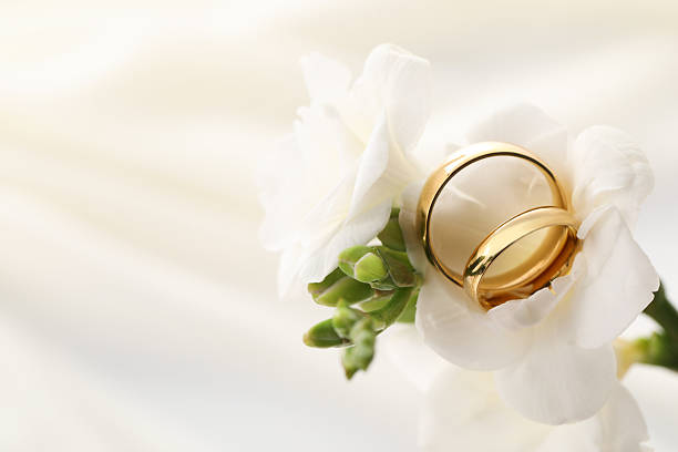 istock Golden wedding rings and flowers on blurred background, closeup. Space for text 2226304754