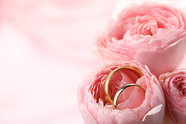 istock Golden wedding rings and flowers on blurred background, closeup. Space for text 2226304792