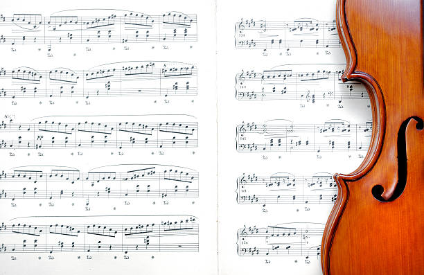 A multiple exposure of a sheet of piano music and the close up of a violin (public domain score sheet)
