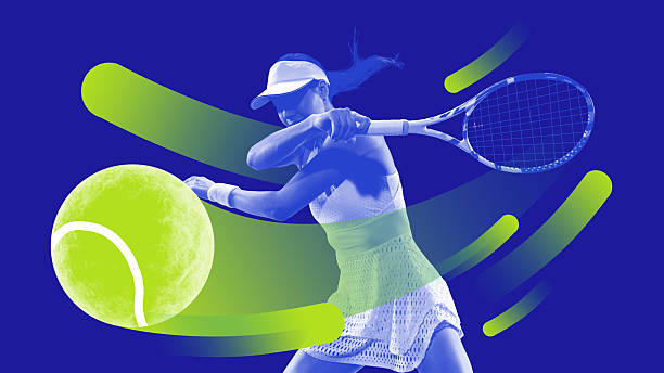 istock Tennis player hitting ball with dynamic neon swooshes on blue background 2226315377