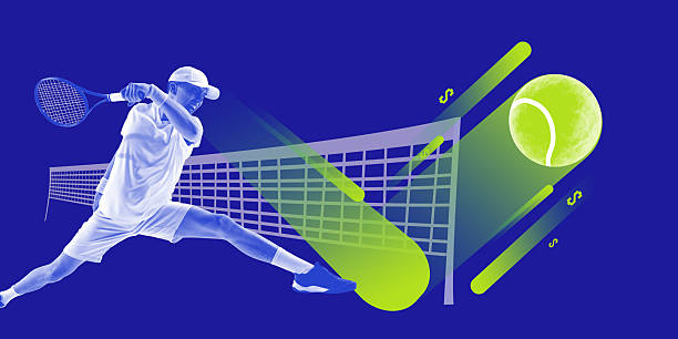 istock Tennis player and dynamic neon ball illustration capturing fast movement against blue background 2226315409