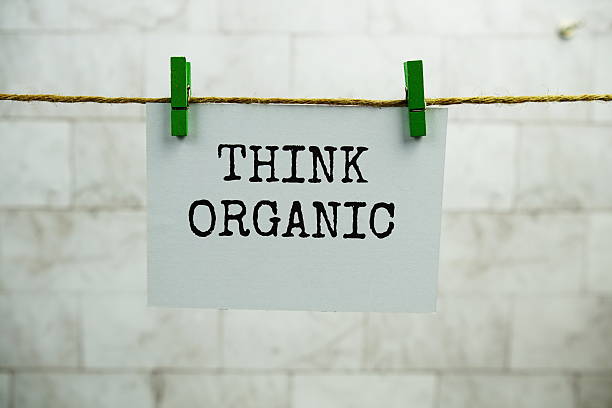 istock Think Organic text on paper card hanging on the wall with Clothespins 2226316175