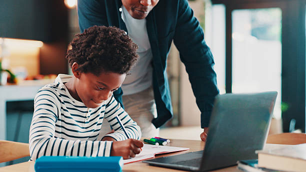 istock Homework, laptop and dad with child in home for online learning, education and virtual lesson on school website. Happy, family and father help boy on computer for test, knowledge and study on webinar 2226318707