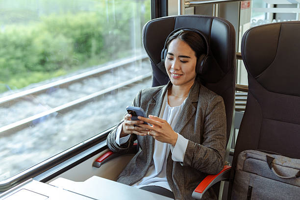 istock Professional woman using smartphone while traveling on train and enjoying music 2226331972