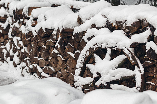 Stacked logs outdoor storage in winter in the forest rural life snowy weather