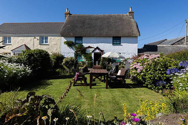 Lizards Point Cornwall UK 10th July 2025 \nBeautiful quaint thatched cottage guest house at Lizards Point in Cornwall , white stone walls and well maintained garden that is full of summer flowers.