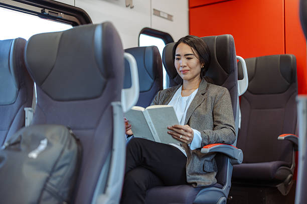 istock Professional woman reading a book while traveling on a train 2226333007