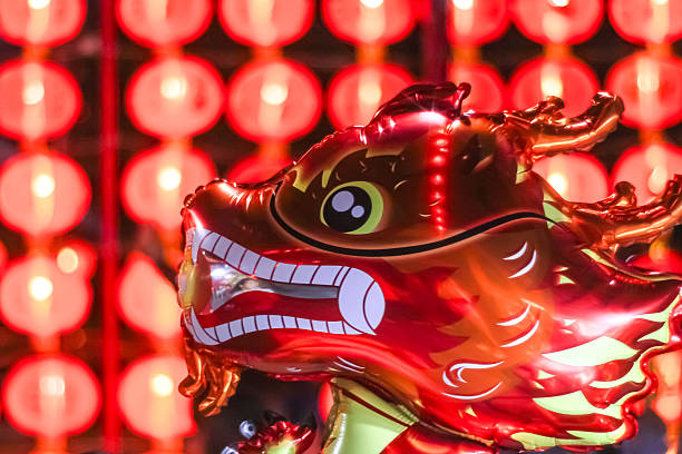 Festive night , Asian culture Red dragon balloon with lantern wall backdrop.