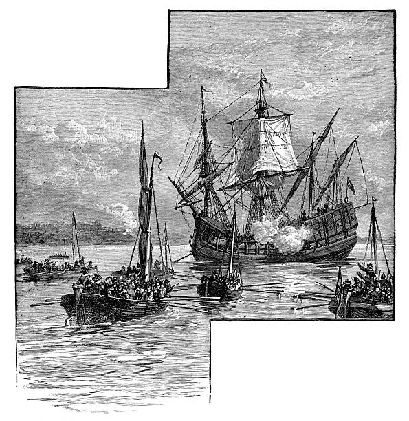 The English battleship Guinea sent by Oliver Cromwell, asserting domanance onver the colonists at Jamestown in Virginia, USA (circa 17th century). Vintage etching circa 19th century.