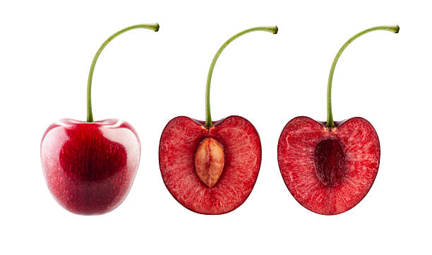 Three types of cherries with stems. Whole berry, half with core and half without core. Isolated on white