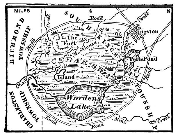 Map of South Kingstown, Rhode Island, USA area of the Great Swamp Fight during King Philip’s War (circa 17th century). Vintage etching circa 19th century.