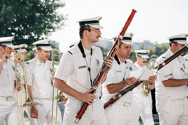 1 June 2025, Belgrade, Serbia: Marching military band members play various musical instruments, filling the air with patriotic melodies