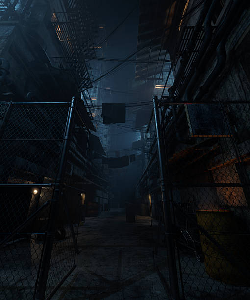3d rendering of grunge courtyard with chain-linked fence at night