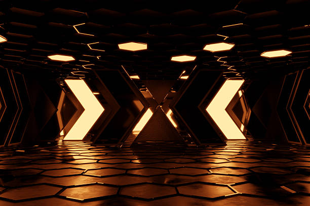 istock 3D rendering of epic hall with neon direction elements and hexagonal floor and ceiling 2226360420