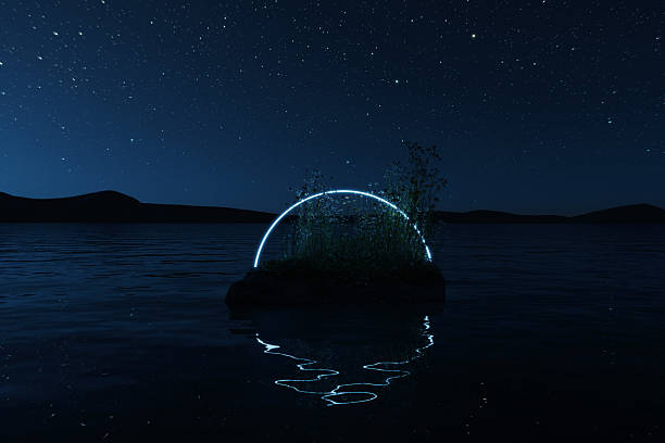 istock 3d rendering of neon circle over stone and flower meadow surrounded by ocean 2226363424