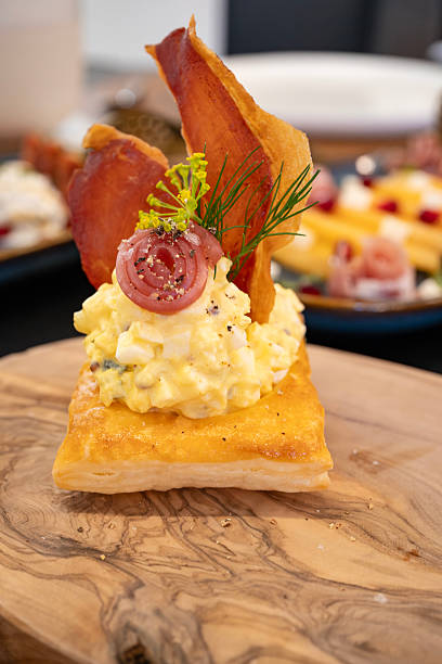 Crispy Prociutto and Egg Salad on a Puff Pastry Square