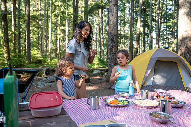 istock Mother and young daughters eat at picnic table in forest 2226375039