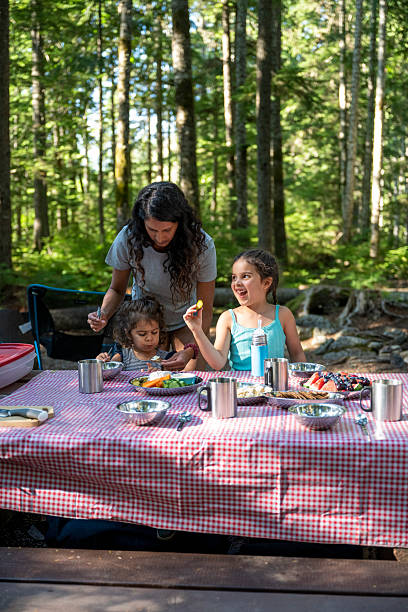 istock Mother and young daughters eat at picnic table in forest 2226376126