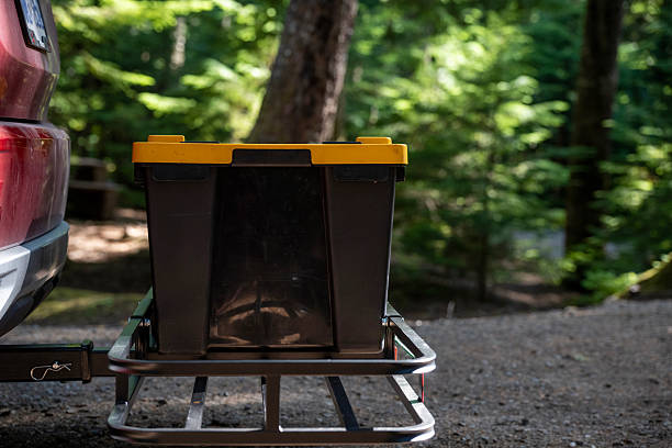 Reusable box in car carrier, on back of vehicle in forest, car camping, British Columbia