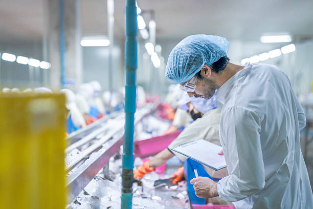 istock Food processing workers in protective gear, including lab coats, hair covers, and goggles, inspecting fish on ice in a factory setting, emphasizing hygiene, quality control, and safety standards. 2226386800
