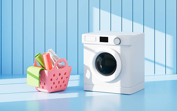 istock Cartoon washing machine and laundry basket in the blue room, 3d rendering. 2226390459
