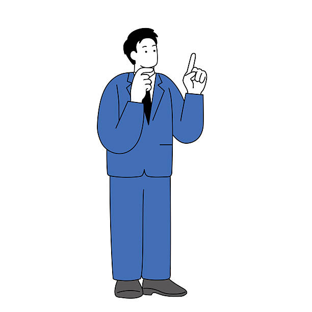 simple line drawing of a man in a suit pointing and thinking A simple line drawing of a man in a suit pointing and thinking school-guidance-counselor stock illustrations