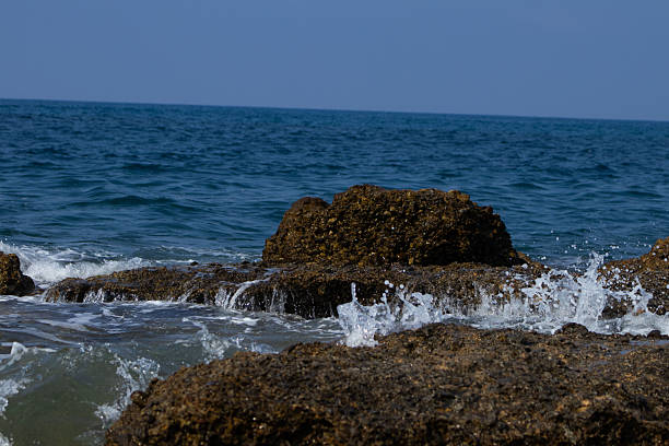 Dynamic white waves vigorously crash over dark, rugged rocks at the edge of the sea, creating a powerful and energetic scene of the ocean's raw beauty