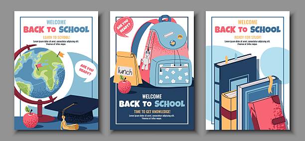 Back to school poster set. Flat Design banners with Backpack, globe, stack of books. Vector Illustration Pack for Teachers, online school, ads, Classroom Decoration, Homeschooling, Bulletin Boards Back to school poster set. Flat Design banners with Backpack, globe, stack of books. Vector Illustration Pack for Teachers, online school, ads, Classroom Decoration, Homeschooling, Bulletin Boards. lunch and learn flyer stock illustrations