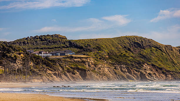 A serene sandy shoreline meets gentle ocean waves, backed by green forested hills under a clear blue sky. Perfect for themes of relaxation, coastal travel, and the natural beauty of the seashore.